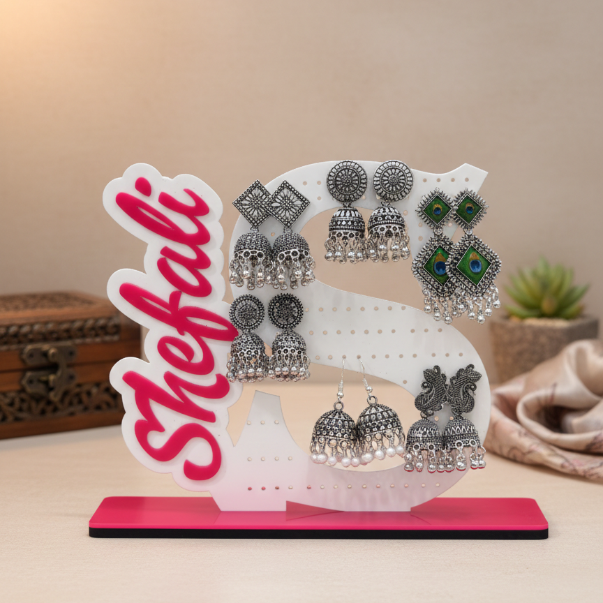 Set of 6 Jhumka with Custom Name Jhumka Stand